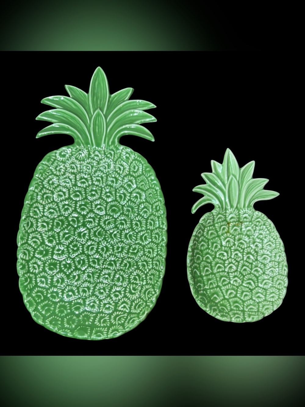 Vintage Green Ceramic Pineapple Serving Platters Set of 2 Tropical Decor